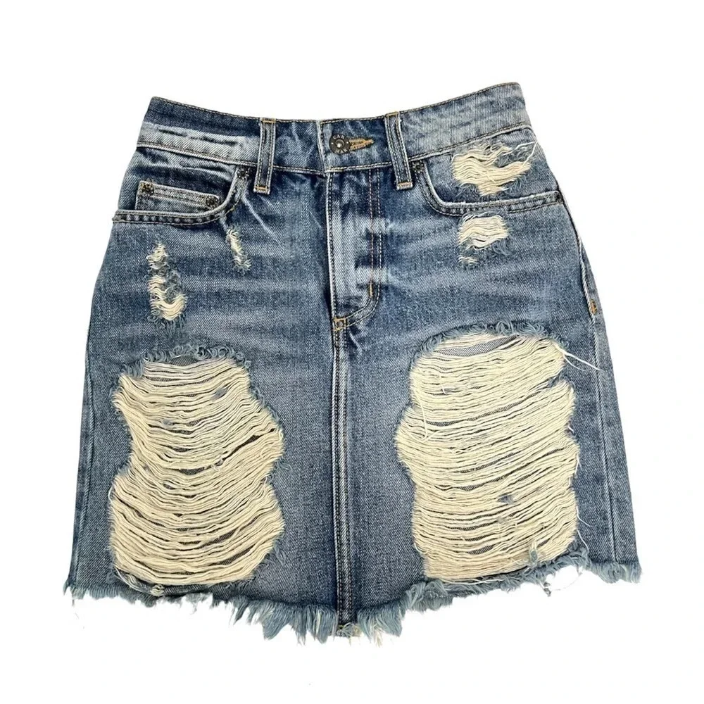 CARMAR Distressed Mini Jean Skirt Size 23 Raw hem 100% Cotton y2k Blue Denim